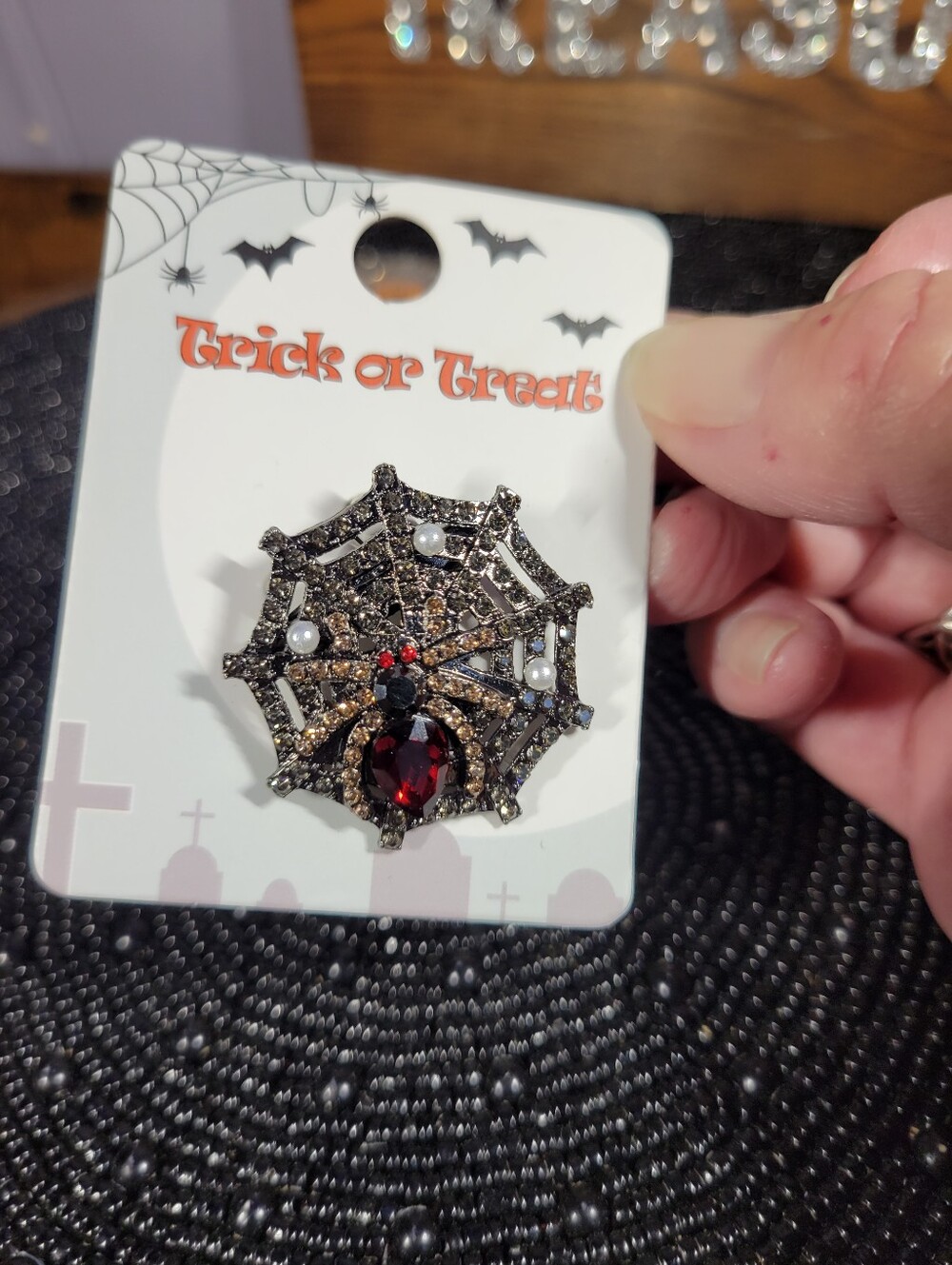 Trick or Treat Black Spider Web Brooch with Red Gem Accent